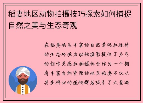 稻妻地区动物拍摄技巧探索如何捕捉自然之美与生态奇观