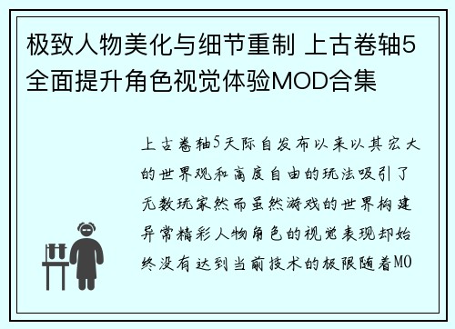 极致人物美化与细节重制 上古卷轴5全面提升角色视觉体验MOD合集